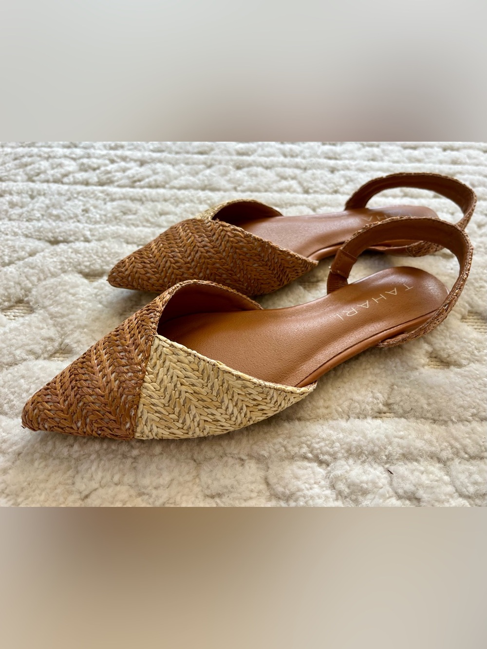 Tahari Two-Tone Woven Pointed-Toe Slingback Flats - Brown/Cream